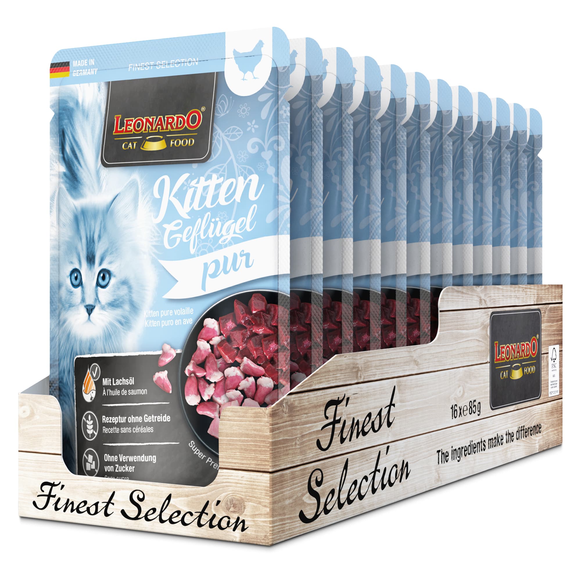 Leonardo Finest Selection Kitten Gevogelte puur 16 × 85 g, voorkant